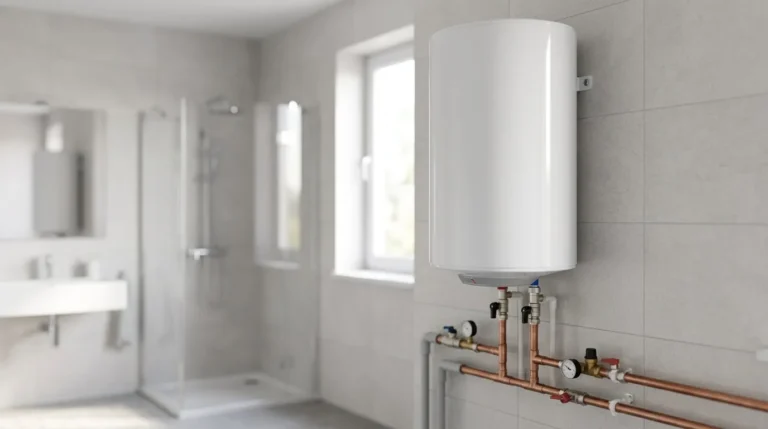 Calentador de agua eléctrico blanco colgado en la pared de un cuarto de baño con tuberías de cobre y llaves de paso