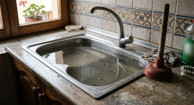 Fregadero de cocina de acero atascado con agua estancada y un desatascador de ventosa sobre la encimera