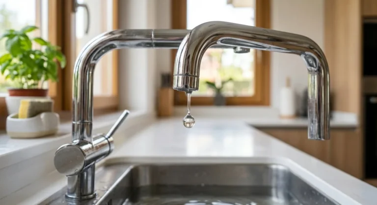 Grifo de cocina cromado con una gota de agua a punto de caer sobre un fregadero de acero