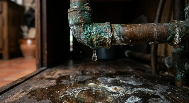 Tubería de cobre oxidada con una gota de agua cayendo sobre un suelo de madera mojado